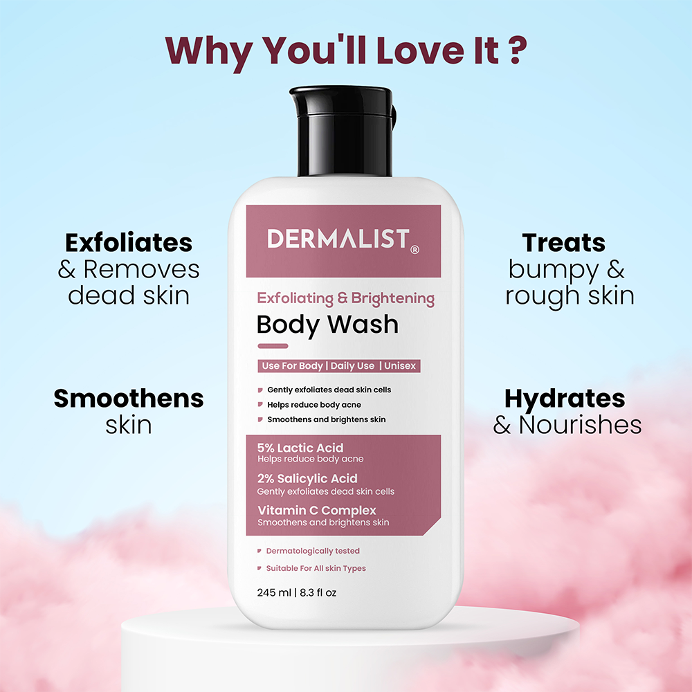 Dermalist Exfoliating Body Wash Lactic Acid & Salicylic Acid De-Tan Shower Gel Men & Women (245 ml)