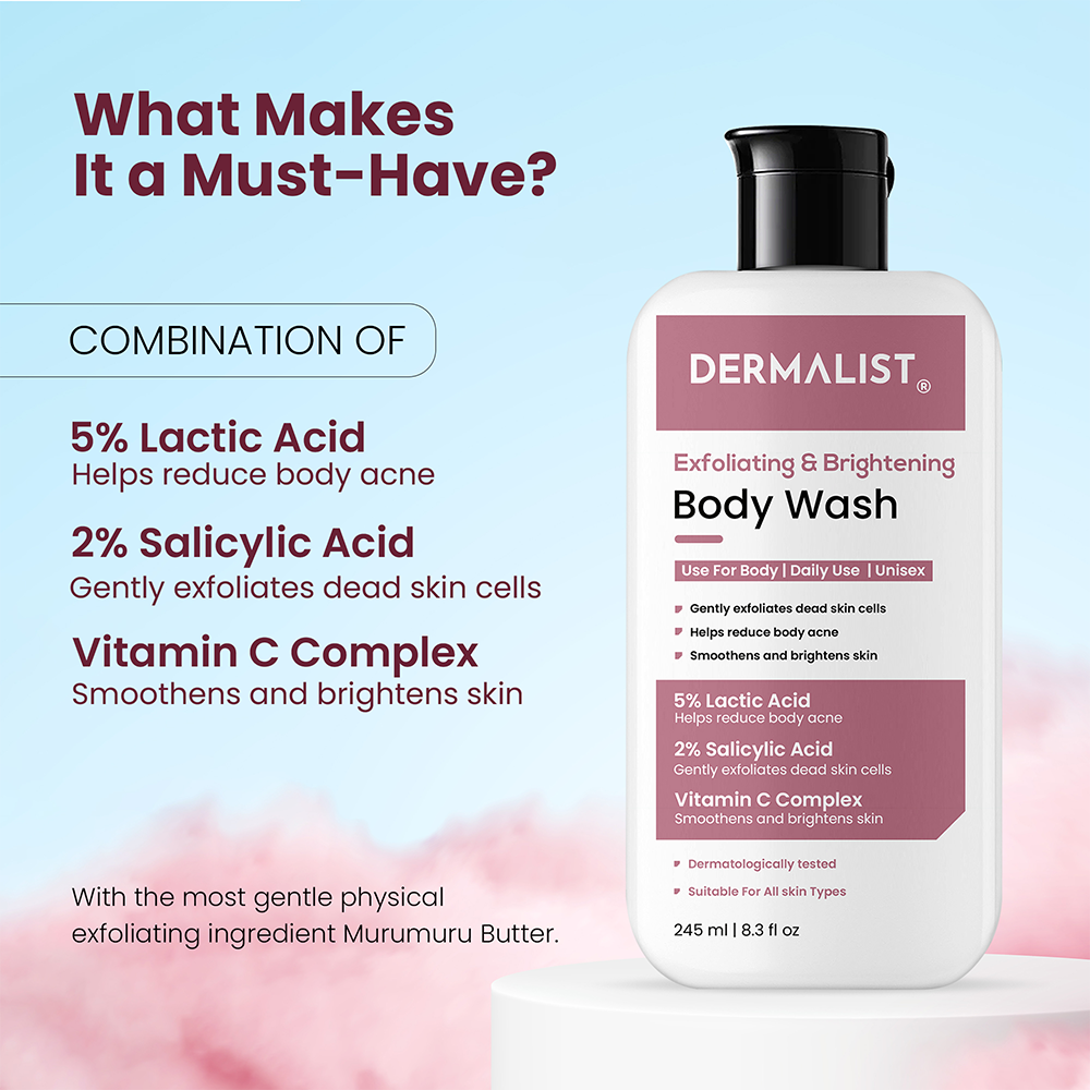 Dermalist Exfoliating Body Wash Lactic Acid & Salicylic Acid De-Tan Shower Gel Men & Women (245 ml)