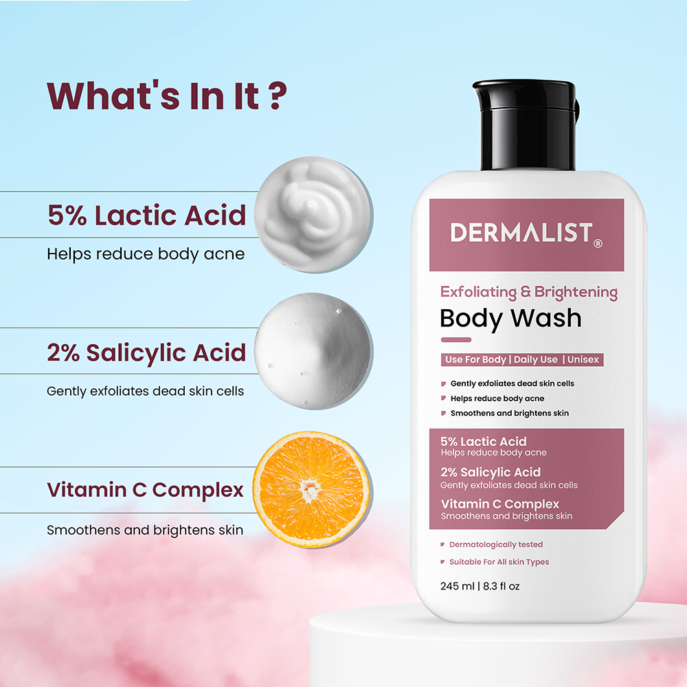 Dermalist Exfoliating Body Wash Lactic Acid & Salicylic Acid De-Tan Shower Gel Men & Women (245 ml)