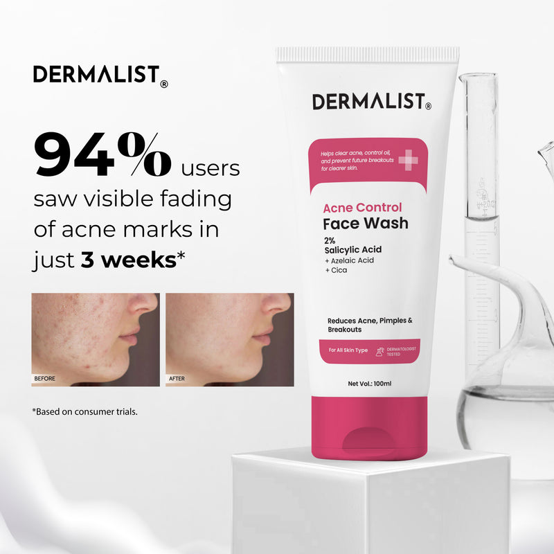 Dermalist Acne Control Face Wash 2% Salicylic Acid for Oily & Acne-Prone Skin | Controls Oil, Prevents Acne & Fades Acne Marks | With Niacinamide | Soap-Free, Sulphate-Free Cleanser | For Men & Women 100 Ml