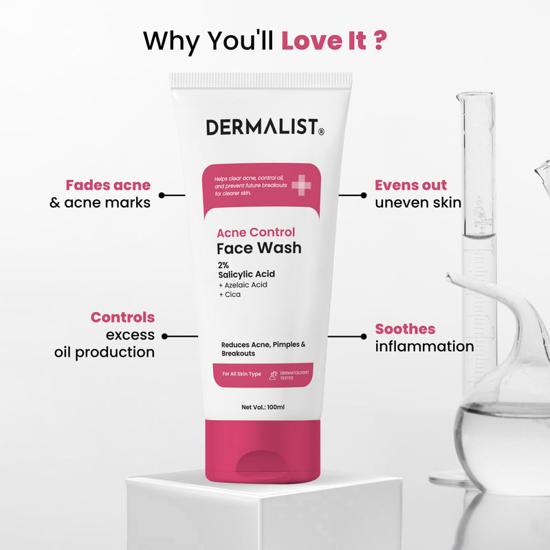 Dermalist Acne Control Face Wash 2% Salicylic Acid for Oily & Acne-Prone Skin | Controls Oil, Prevents Acne & Fades Acne Marks | With Niacinamide | Soap-Free, Sulphate-Free Cleanser | For Men & Women 100 Ml