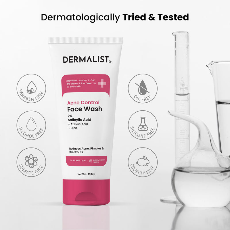 Dermalist Acne Control Face Wash 2% Salicylic Acid for Oily & Acne-Prone Skin | Controls Oil, Prevents Acne & Fades Acne Marks | With Niacinamide | Soap-Free, Sulphate-Free Cleanser | For Men & Women 100 Ml