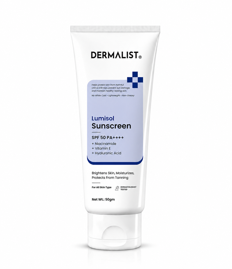 Dermalist Lumisol Sunscreen SPF 50 PA++++ with Niacinamide, Vitamin E & Hyaluronic Acid | Lightweight Non-Greasy | 50g