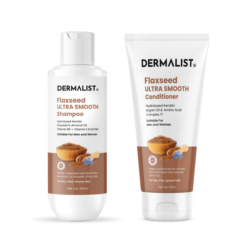 Dermalist Flaxseed Ultra Smooth Shampoo & Conditioner Combo | Keratin, Argan Oil & Amino Acids | Frizz Control | Pack of 2 (350ml)