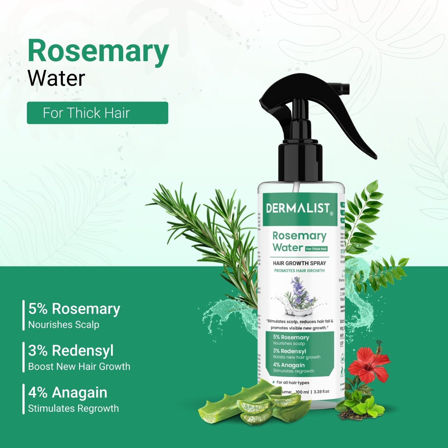 Dermalist Rosemary Water Spray for Hair Growth, Thickness & Hairfall Control, 100% Natural Hair Spray (100 ml)