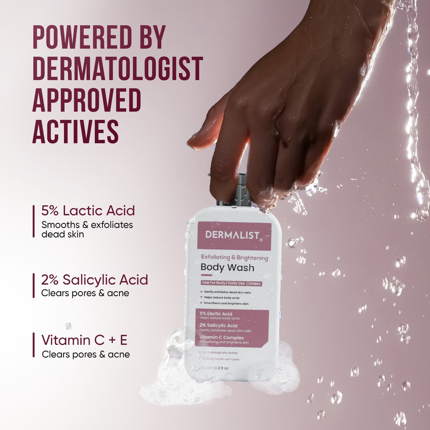 Dermalist Exfoliating Body Wash Lactic Acid & Salicylic Acid De-Tan Shower Gel Men & Women (245 ml)