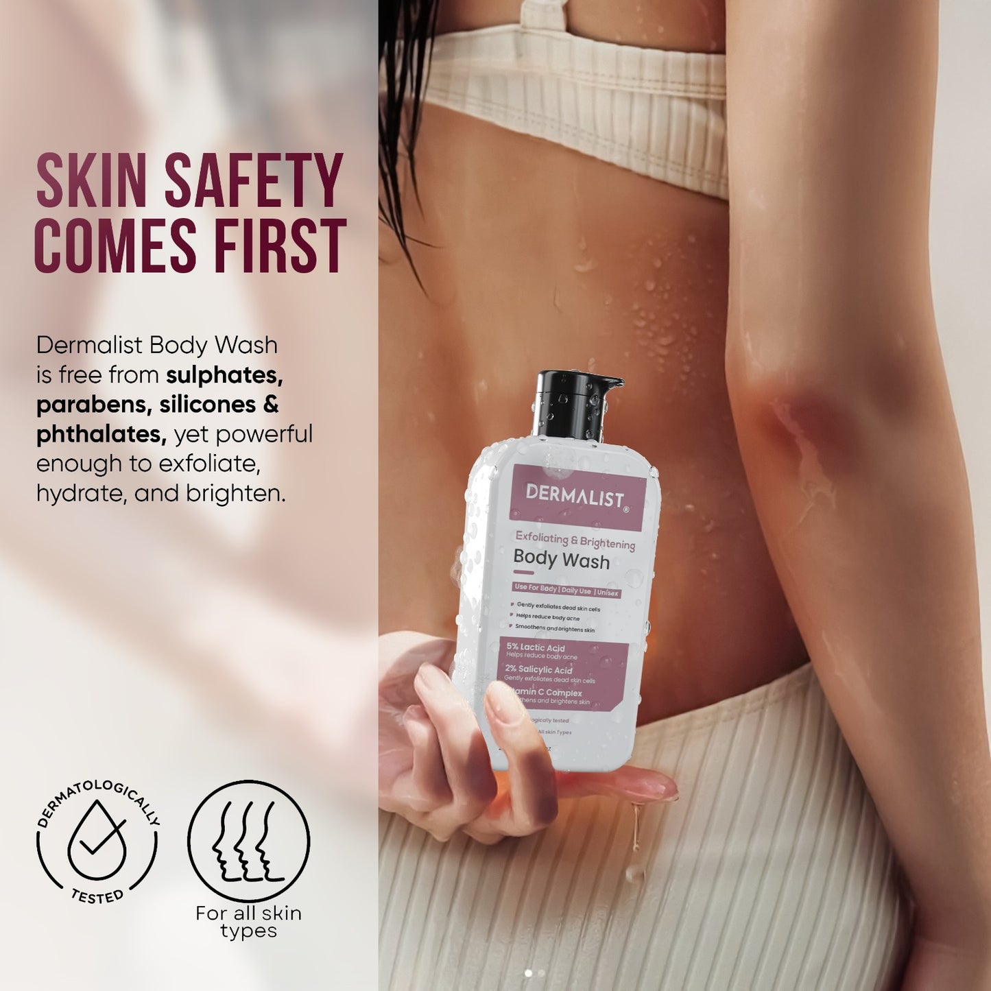 Dermalist Exfoliating Body Wash Lactic Acid & Salicylic Acid De-Tan Shower Gel Men & Women (245 ml)