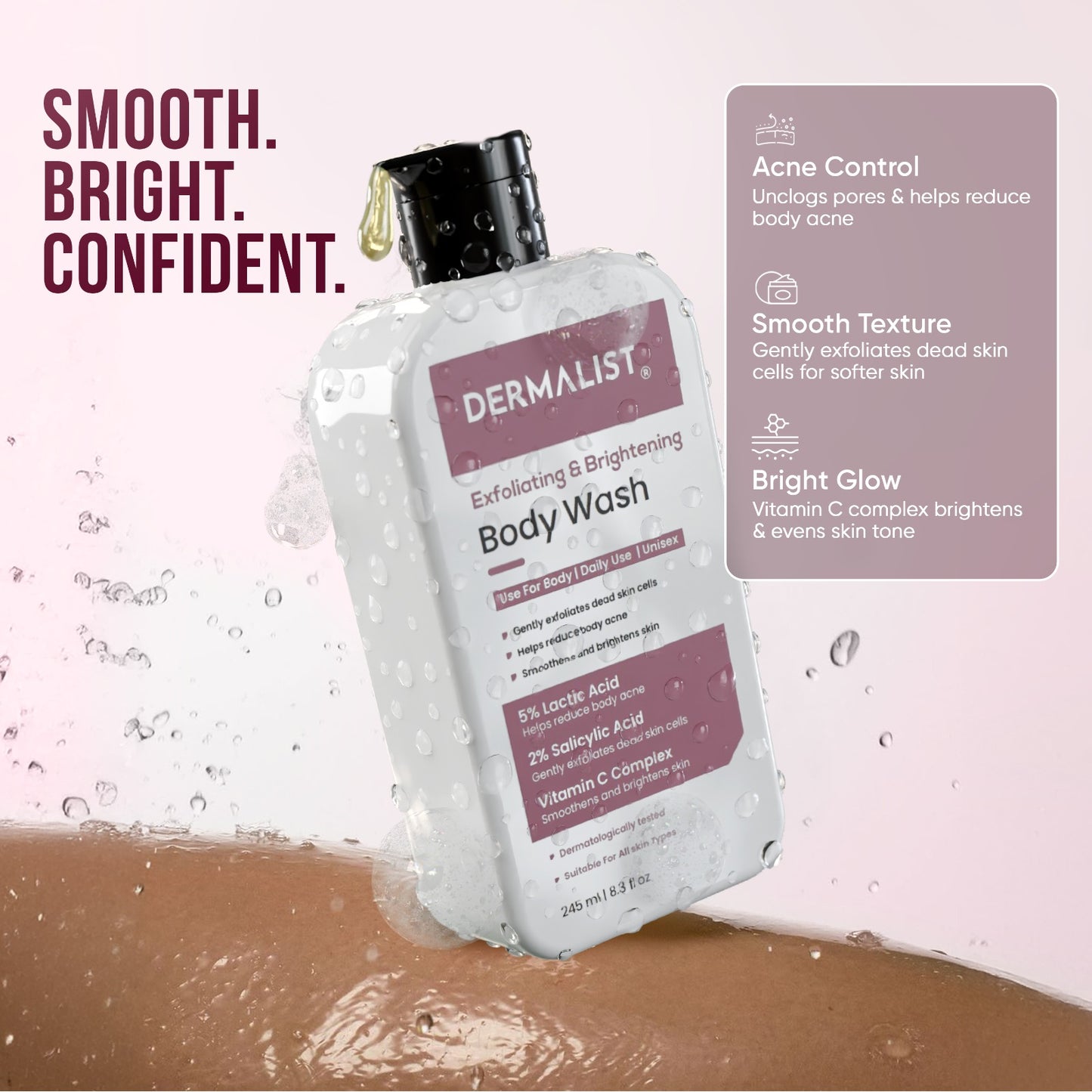 Dermalist Exfoliating Body Wash Lactic Acid & Salicylic Acid De-Tan Shower Gel Men & Women (245 ml)