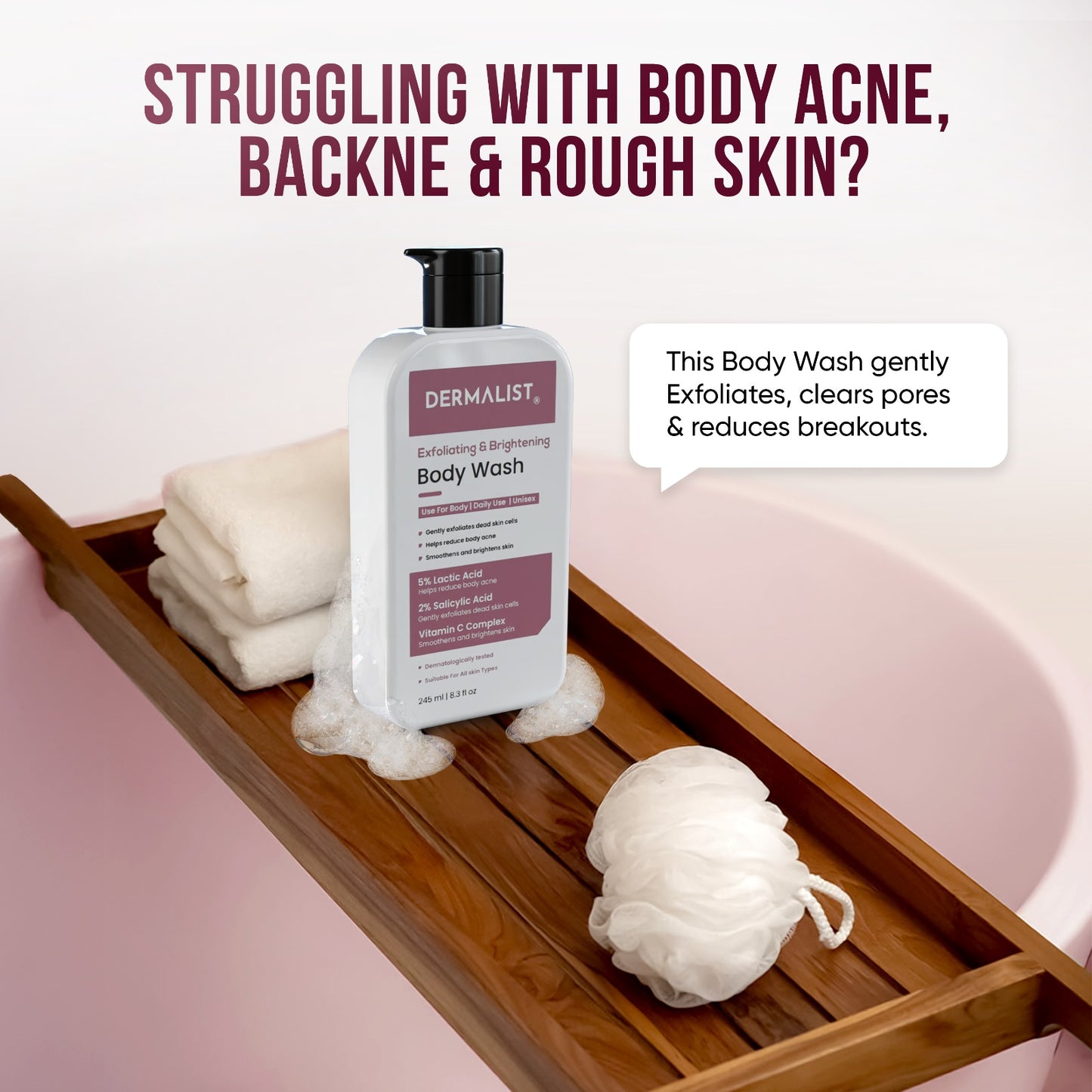 Dermalist Exfoliating Body Wash Lactic Acid & Salicylic Acid De-Tan Shower Gel Men & Women (245 ml)