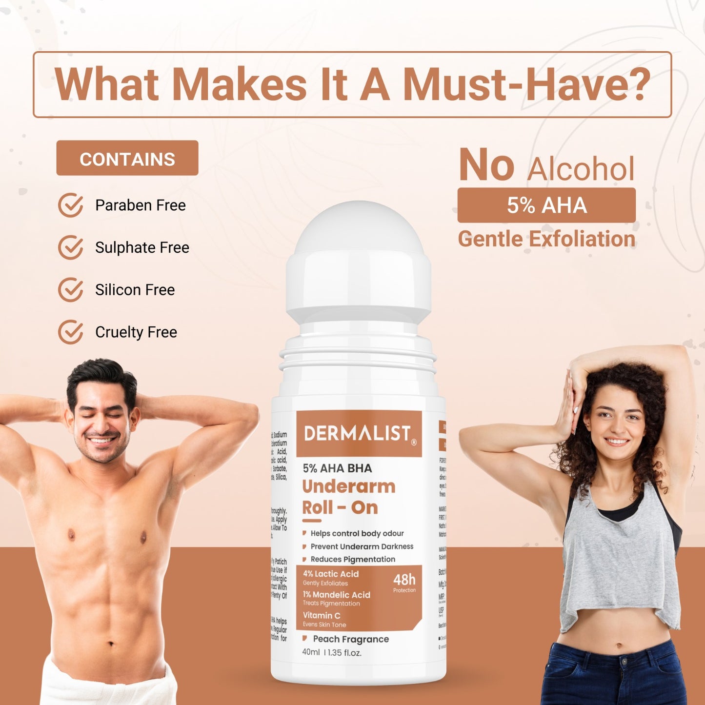 Dermalist 5% AHA BHA Underarm Roll On | Reduces Pigmentation & Odour | Peach Fragrance Deodorant Roll-on - For Men & Women (40 ml)