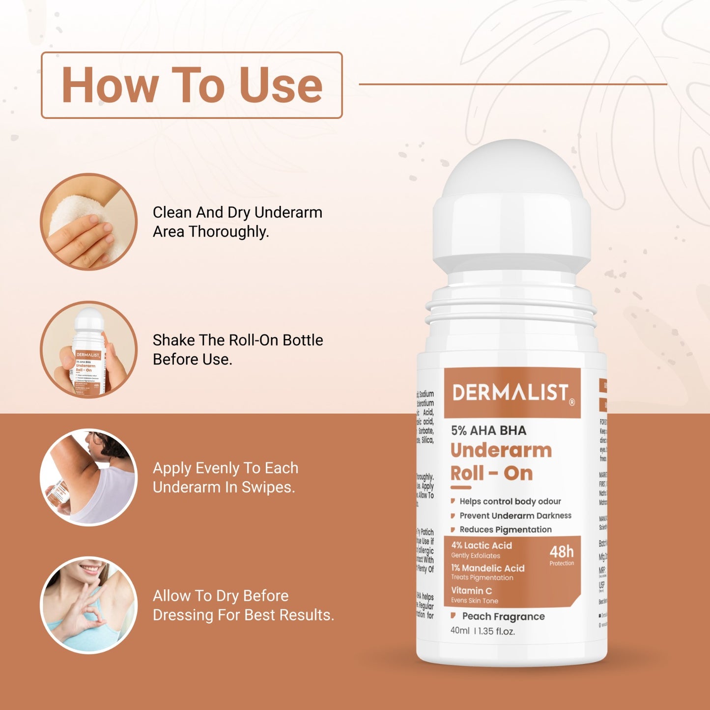 Dermalist 5% AHA BHA Underarm Roll On | Reduces Pigmentation & Odour | Peach Fragrance Deodorant Roll-on - For Men & Women (40 ml)