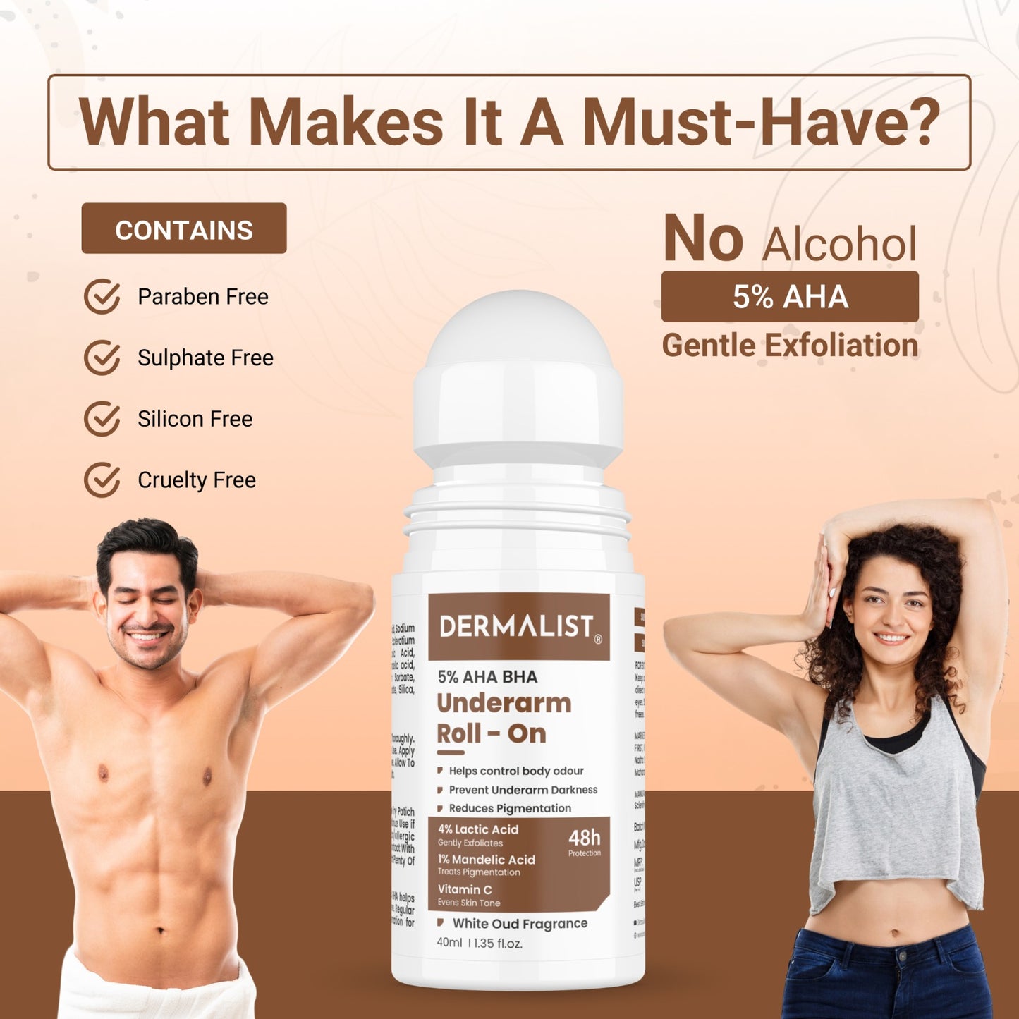 Dermalist 5% AHA BHA Underarm Roll On | Reduces Pigmentation & Odour | White oud Fragrance Deodorant Roll-on - For Men & Women (40 ml)