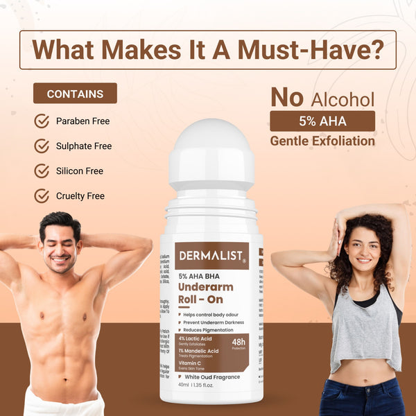 Dermalist 5% AHA BHA Underarm Roll On | Reduces Pigmentation & Odour | White oud Fragrance Deodorant Roll-on - For Men & Women(40 ml)