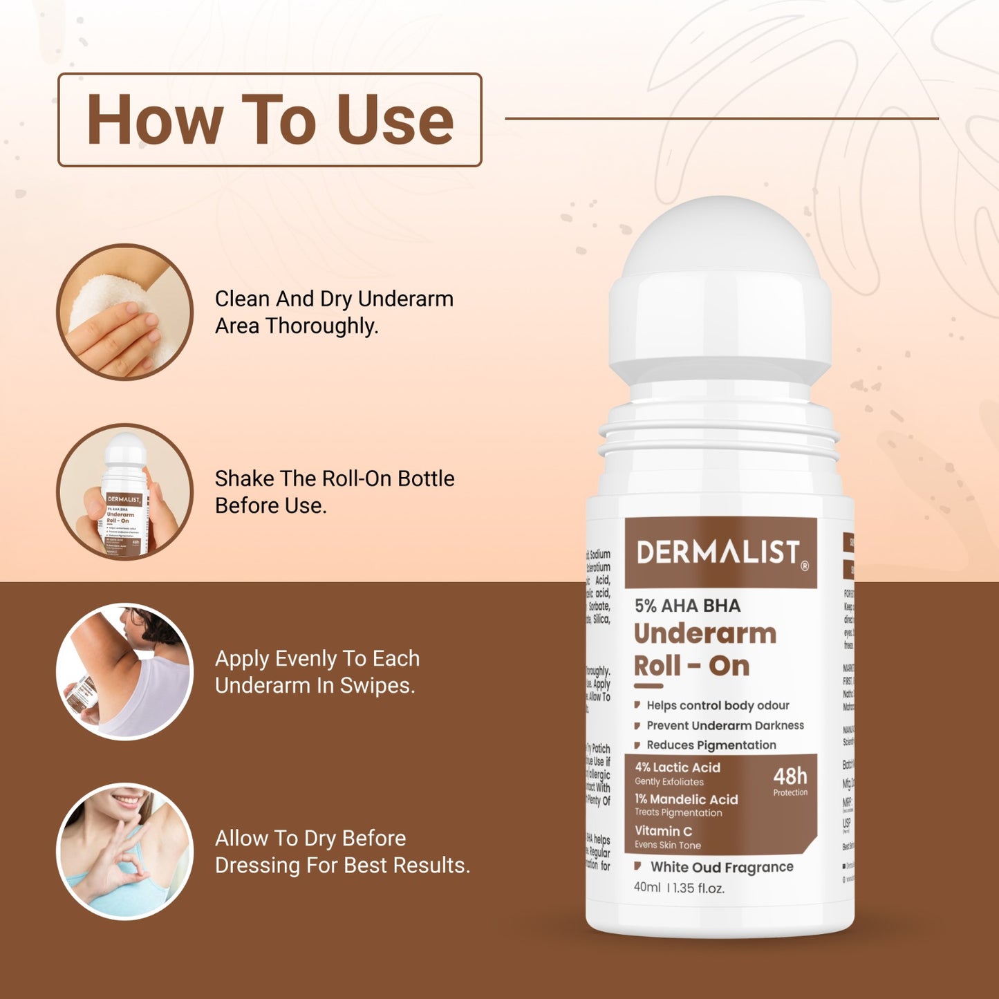 Dermalist 5% AHA BHA Underarm Roll On | Reduces Pigmentation & Odour | White oud Fragrance Deodorant Roll-on - For Men & Women (40 ml)