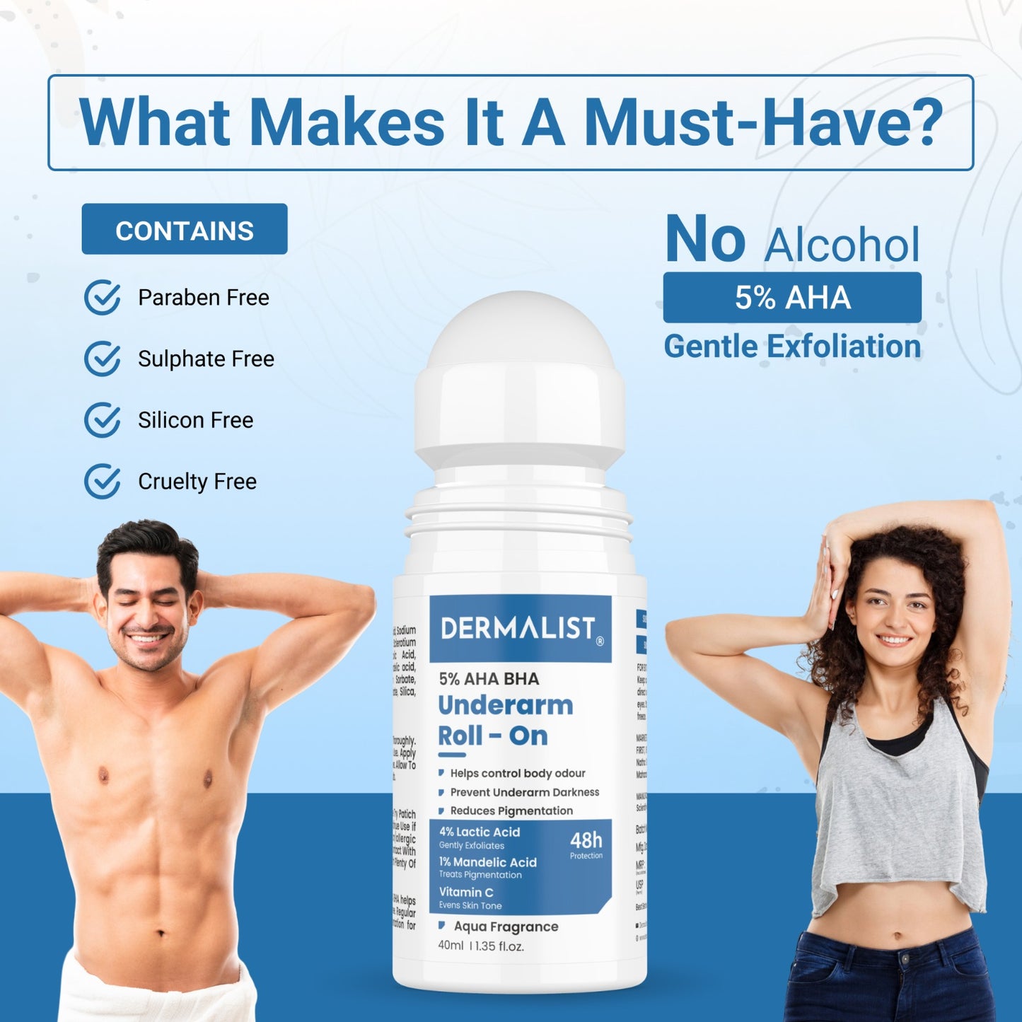 Dermalist 5% AHA BHA Underarm Roll On | Reduces Pigmentation & Odour | Aqua Fragrance Deodorant Roll-on - For Men & Women (40 ml)