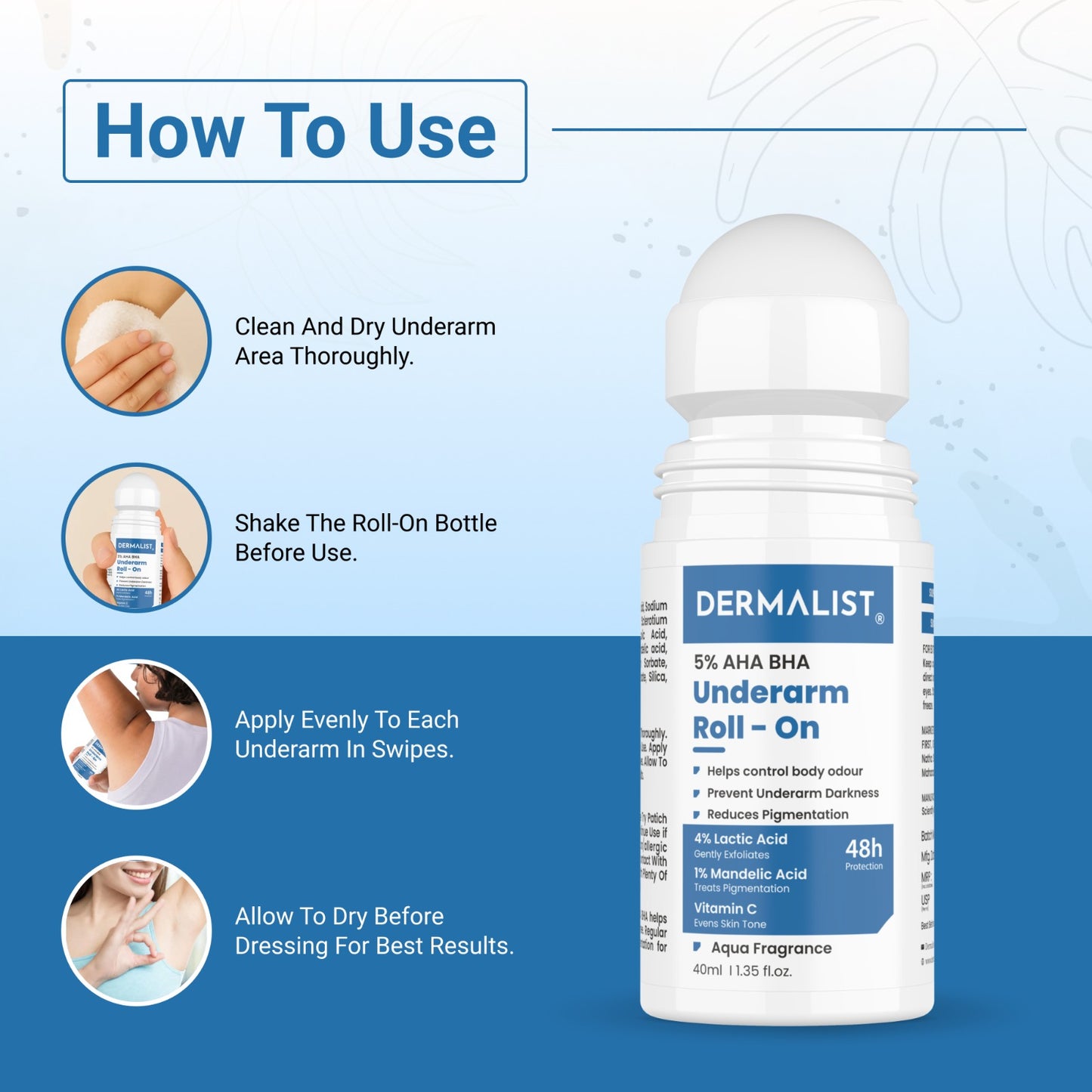 Dermalist 5% AHA BHA Underarm Roll On | Reduces Pigmentation & Odour | Aqua Fragrance Deodorant Roll-on - For Men & Women (40 ml)
