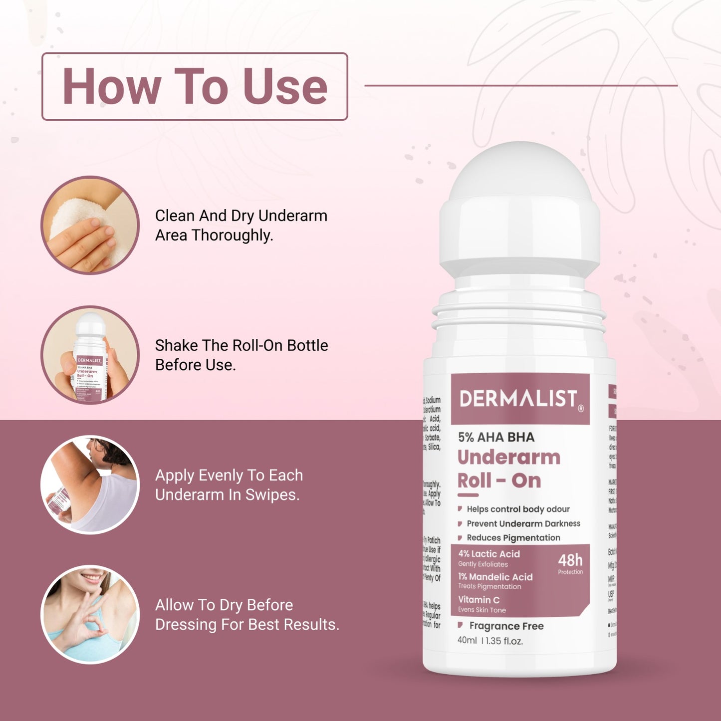 Dermalist 5% AHA BHA Underarm Roll On | Reduces Pigmentation & Odour | Fragrance Free Deodorant Roll-on - For Men & Women (40 ml)