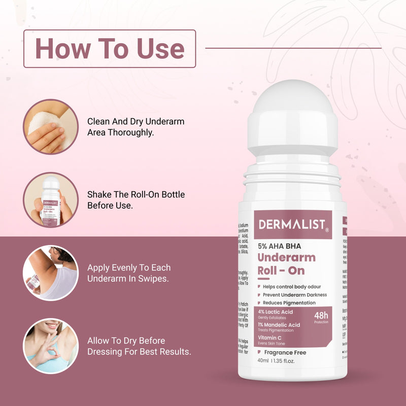 Dermalist 5% AHA BHA fragrance Free Underarm Roll On For Men & Women 40 ml