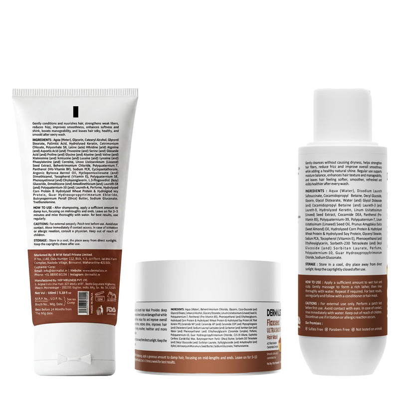 Dermalist Flaxseed Ultra Smooth Trio | Shampoo, Conditioner & Hair Mask | Smooth, Shiny & Frizz-Free Hair| Pack of 3| 550 ml