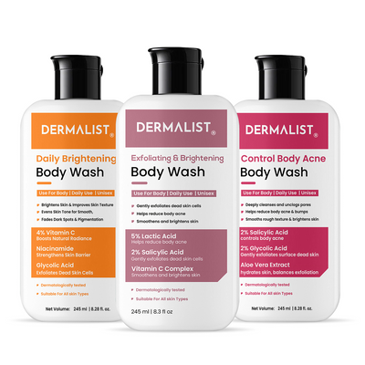 Dermalist Body Wash Combo Pack of 3 | Brightening, Exfoliating & Acne Control | Vitamin C, Salicylic Acid & Lactic Acid|For All Skin Types  (3 Items in the set)