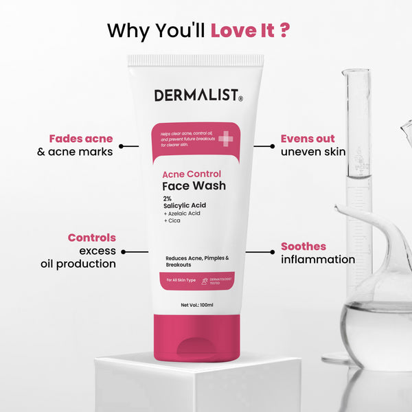 Dermalist Acne Control Face Wash 2% Salicylic Acid for Oily & Acne-Prone Skin | Controls Oil, Prevents Acne & Fades Acne Marks | With Niacinamide | Soap-Free, Sulphate-Free Cleanser | For Men & Women 300 Ml (Pack Of 3 Pcs)