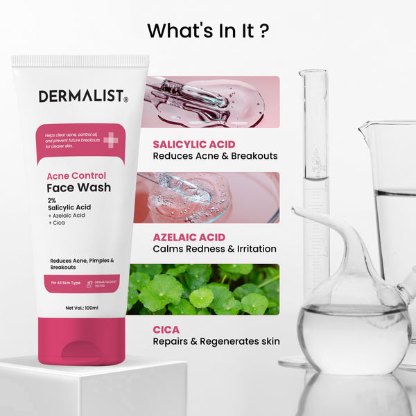 Dermalist Acne Control Face Wash 2% Salicylic Acid for Oily & Acne-Prone Skin | Controls Oil, Prevents Acne & Fades Acne Marks | With Niacinamide | Soap-Free, Sulphate-Free Cleanser | For Men & Women 300 Ml (Pack Of 3 Pcs)