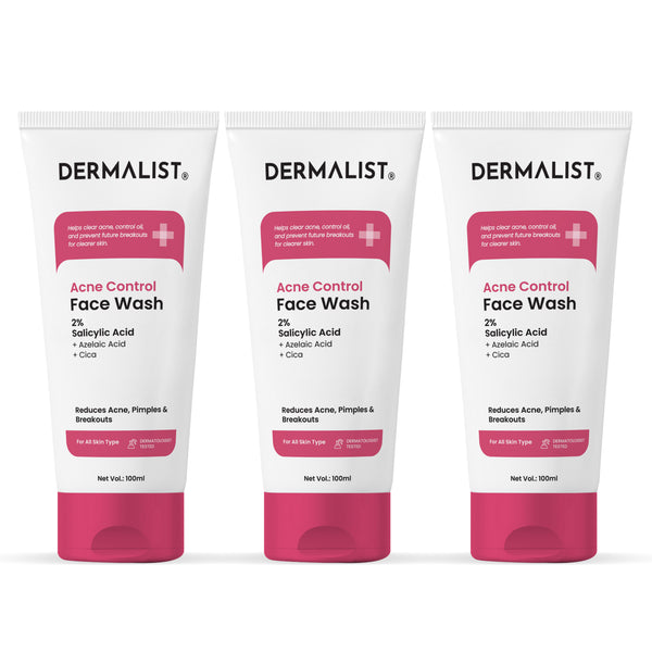 Dermalist Acne Control Face Wash 2% Salicylic Acid for Oily & Acne-Prone Skin | Controls Oil, Prevents Acne & Fades Acne Marks | With Niacinamide | Soap-Free, Sulphate-Free Cleanser | For Men & Women 300 Ml (Pack Of 3 Pcs)