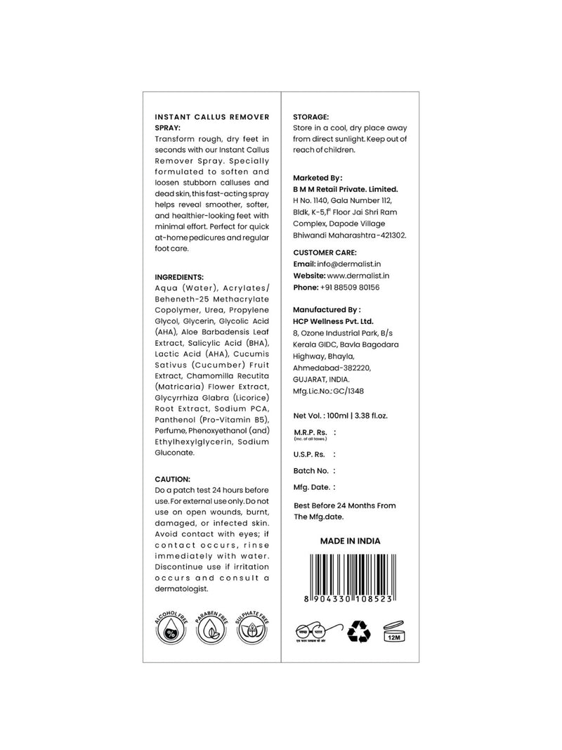 Dermalist Instant Callus Remover Spray for Feet | Foot Callus Exfoliator For Hard, Rough & Dry Skin | One Step Pedicure Foot Care| Soft-looking Skin | 100ml