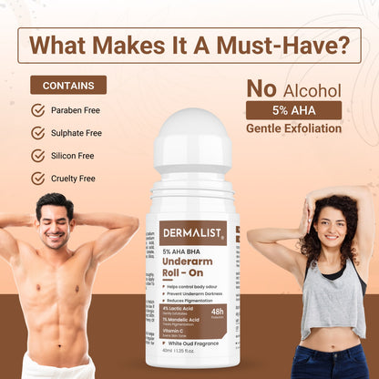 Dermalist 5% AHA BHA Underarm Roll On | Reduces Pigmentation & Odour | White oud Fragrance Deodorant Roll-on - For Men & Women  (40 ml)