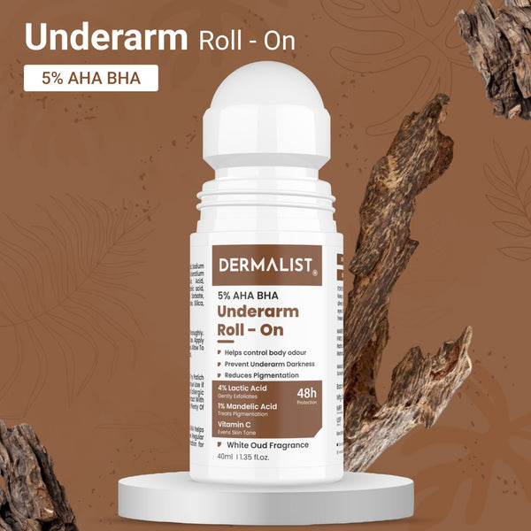 Dermalist 5% AHA BHA Underarm Roll On | Reduces Pigmentation & Odour | White oud Fragrance Deodorant Roll-on - For Men & Women(40 ml)