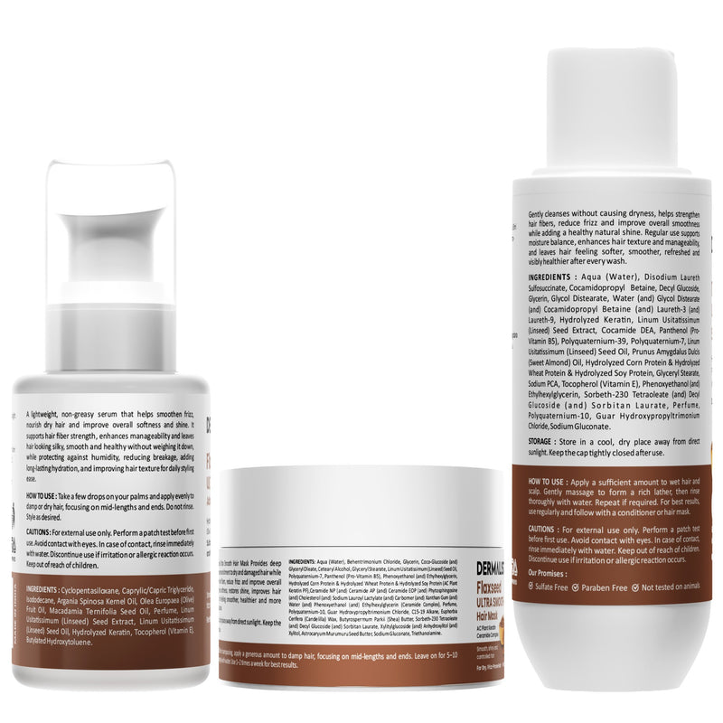 Dermalist Ultra Smooth Shampoo + Hair Mask + Serum Trio | Hydrolysed Keratin, Olive oil, AC Plant Keratin | Frizz control, Scalp care | Pack of 3 (550 ml)